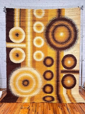60's DANIA TAEPPER Circles Yellow Cream UNUSED Mid Century Danish Rya Rug Modern