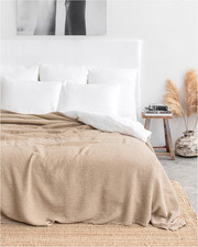 Lightweight Beige Waffle Blanket 87x83 - Stone Washed Linen Cotton Throw