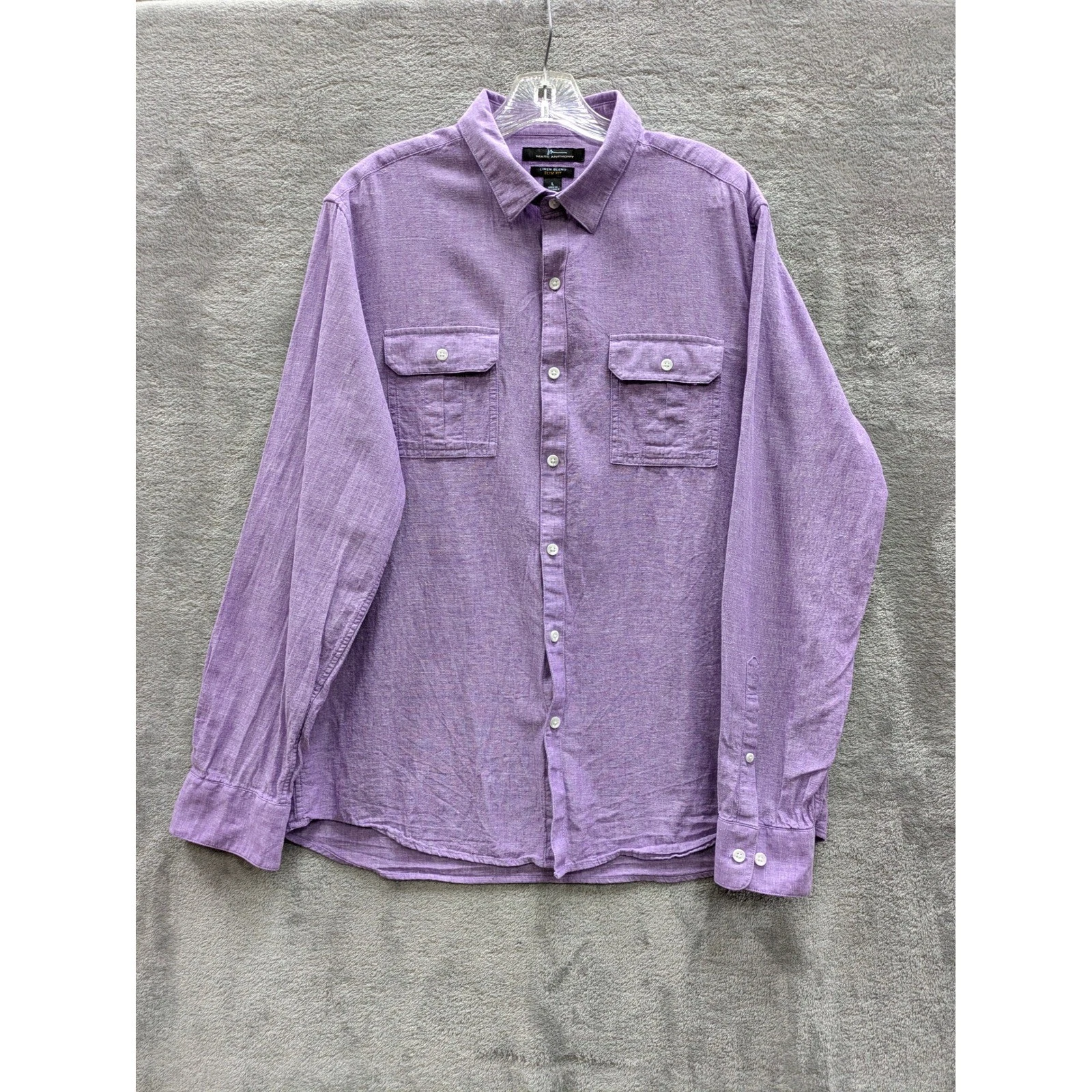 Linen Blend Button Down Shirt Mens Large Purple Slim Fit Preppy Summer Workwear