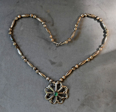 Vintage Navajo silver sandcast 24'' necklace handmade bench beads & Turquois 40g