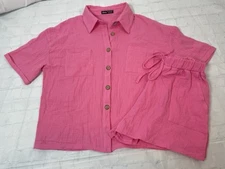 SHEIN 2 Pc Pink Shirt & Short Set Short Sleeve Woman’s L Pockets Tie Waist NEW