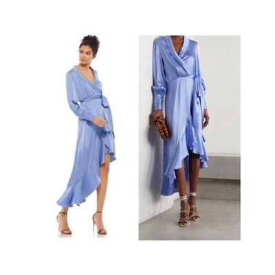 NEW Mac Duggal 12506 Long Sleeve Faux Wrap Midi Dress Satin Periwinkle Sz 2 NWT