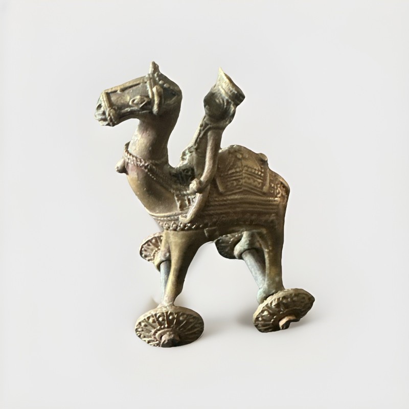 Vintage Hindu Bronze TEMPLE TOY Camel & Man On Wheels Handmade in India