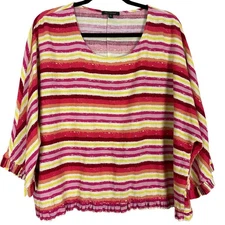 For Cynthia Linen Blend Top Boxy Stripe Pink Yellow Scoop Neck Size Large