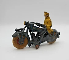 Vintage CHAMPION Cast Iron 7" Police Motorcycle w/ White Rubber Tires