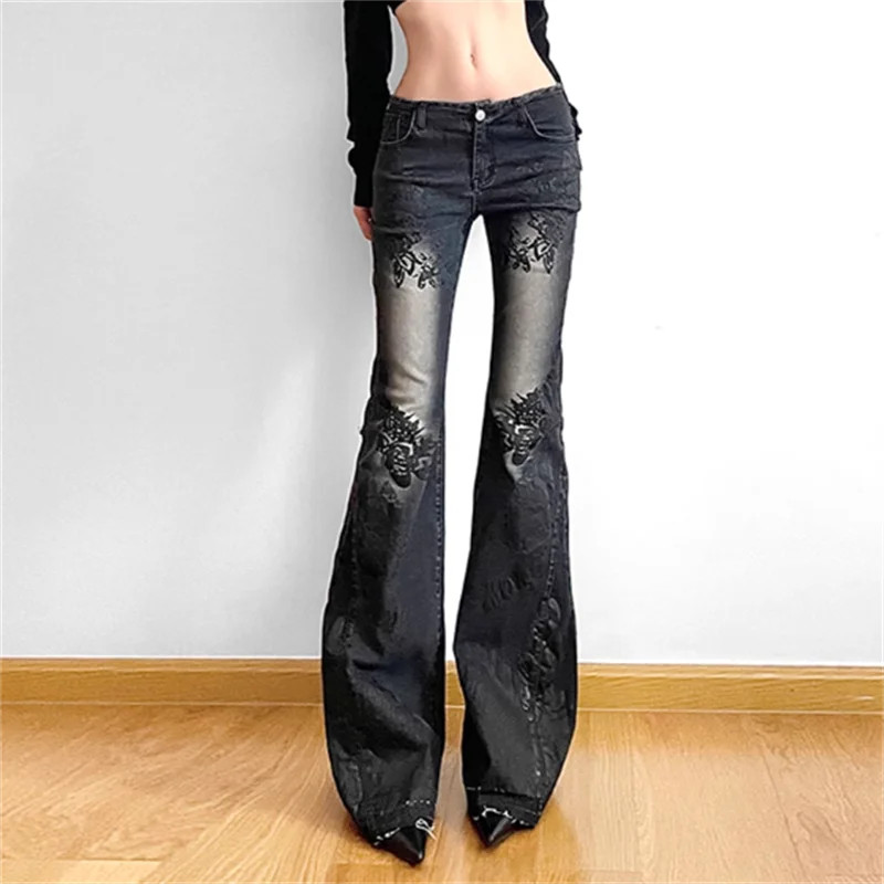 Women Gothic Y2k Flare Jeans Harajuku Baggy Denim Trousers 90s