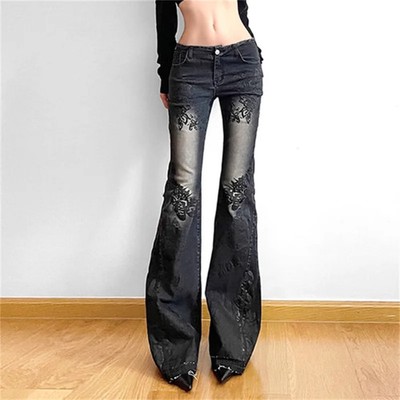 Women Gothic Y2k Flare Jeans Harajuku Baggy Denim Trousers 90s