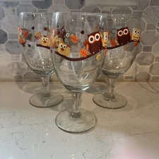 Libbey Owls Racoon Squirrel Fox Water Goblet Drinking Glass Fall Leaves Lot Of 3