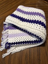 Handmade Crochet Striped Sofa Throw Blanket Afghan Purple Shades 50 x 62