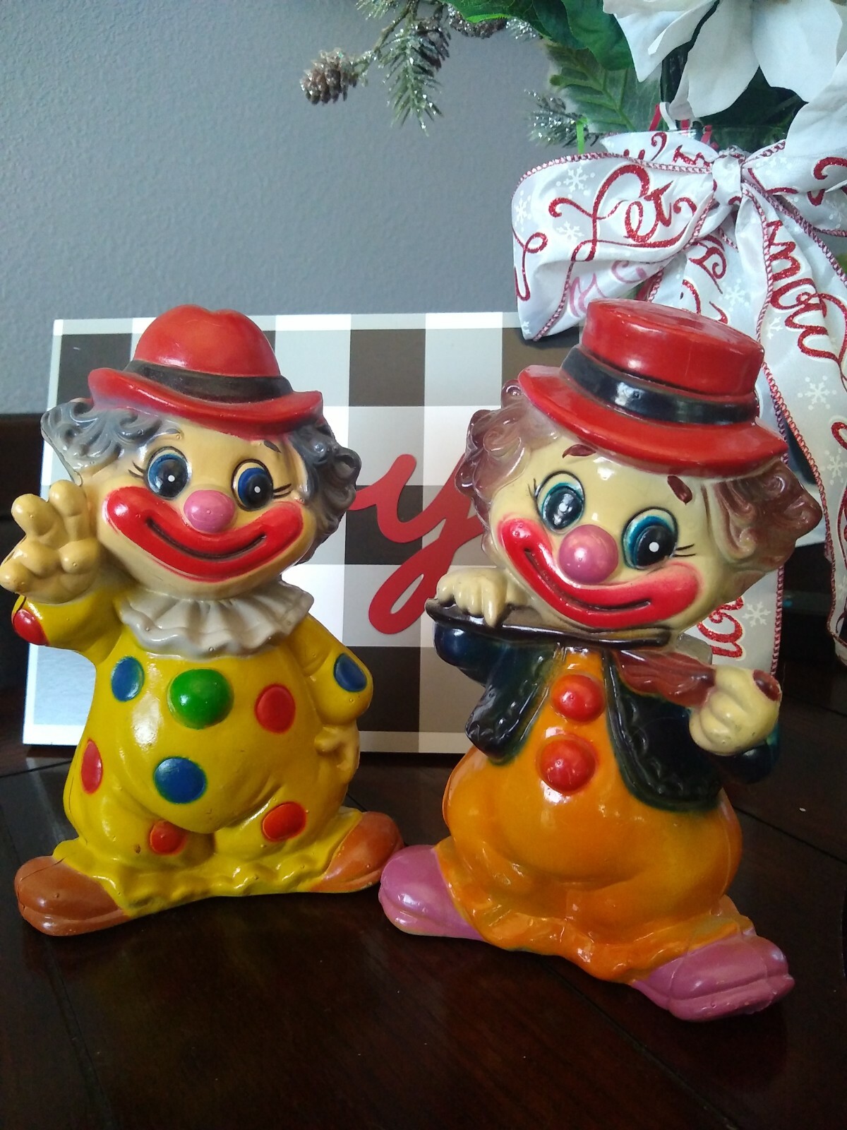 2 VINTAGE PLASTIC BANKS; BRIGHT COLORS (CIRCUS CLOWNS) MADE IN HONG