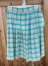 Vintage 1960's Cottage Plaid Teal Blue, Gray  White Midi Pleated Skirt, Size S