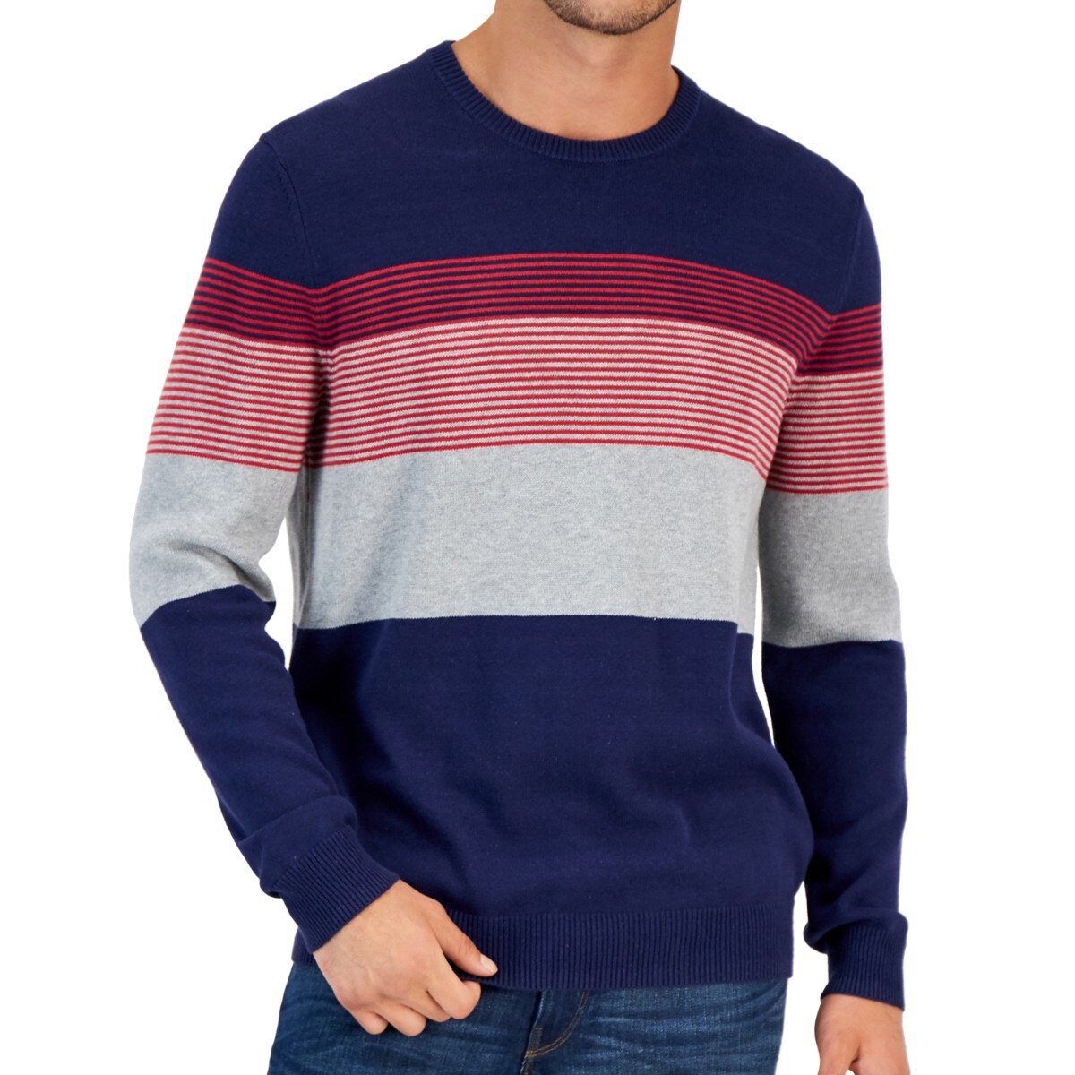 Club Room Men's Size XXL Crew Neck Striped Cotton Navy Gray Red Sweater NWOT