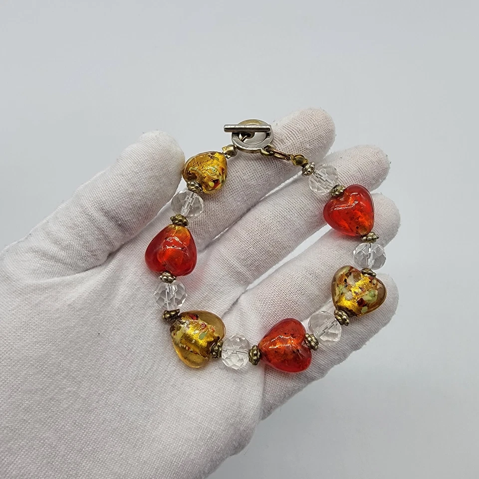 Pulsera Corazón Láminado Vidrio Cuentas Rojo Amarillo Boho Lindo Divertido Bronce 7.25" Foto 3 de 4