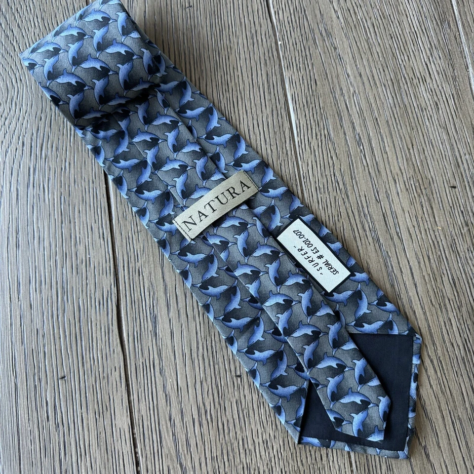 NATURA Neck Tie Mens Gray Blue Silk Dolphins “Surfer” Beachy Tropical Vacation - Image 2 of 4