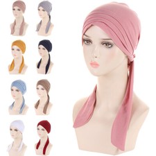 Pre-Tied Women Muslim Hijab Turban Bonnet Chemo Cap Hair Loss Hat Headwrap Scarf