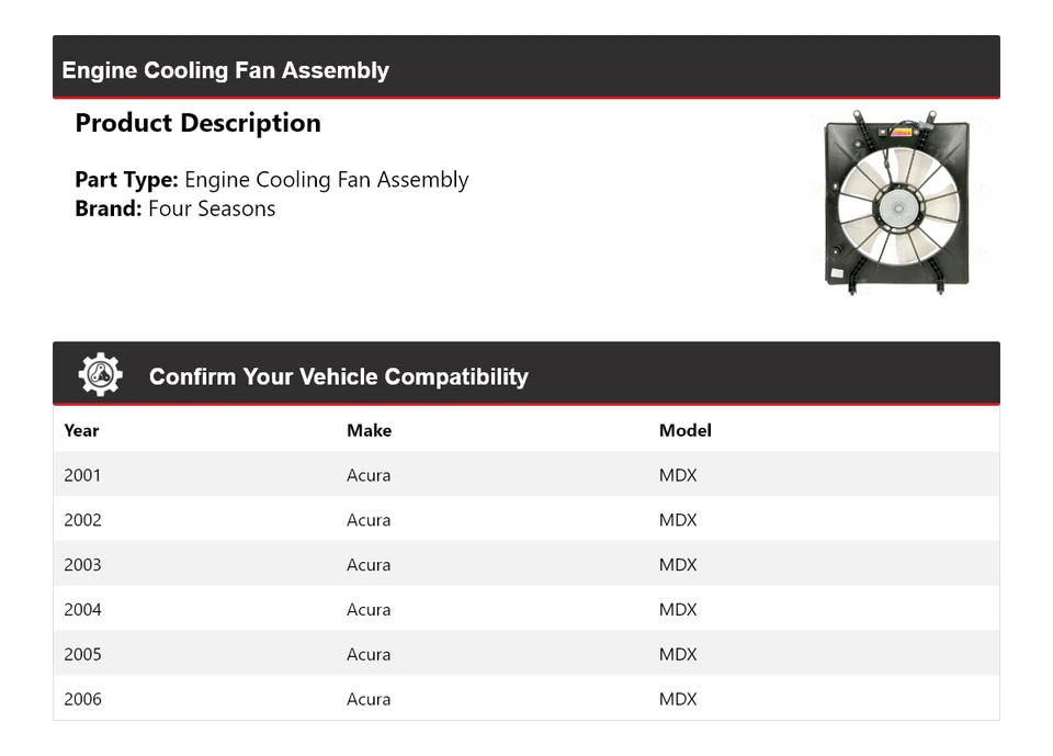 Conjunto de ventilador de refrigeración del motor Acura MDX 2001-2006 4 estaciones 2002 2003 2004 Foto 2 de 4