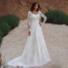 Elegant A-Line Wedding Dresses V-Neck Long Sleeved Lace Appliques Bridal Gowns