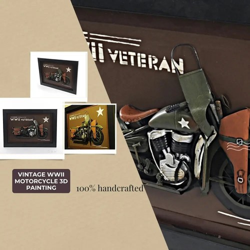VINTAGE WWII MOTORCYCLE 3D PAINTING | Collectible Metal scale model Motorcycle - Picture 12 of 12