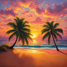 Digital picture Art of Sunset at beach with palms Tree PNG fprintable file