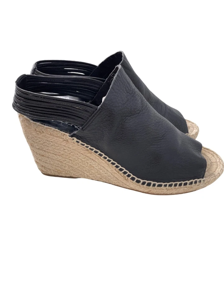 Espléndidas Sandalias de Cuña Alpargata Simon Talla 9 Punta abierta Cordones Cuero Negro Foto 2 de 4