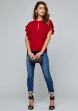 Bebe Top Blouse Red Cascading Ruffle Keyhole short sleeves tiered Flow NWT Sz S