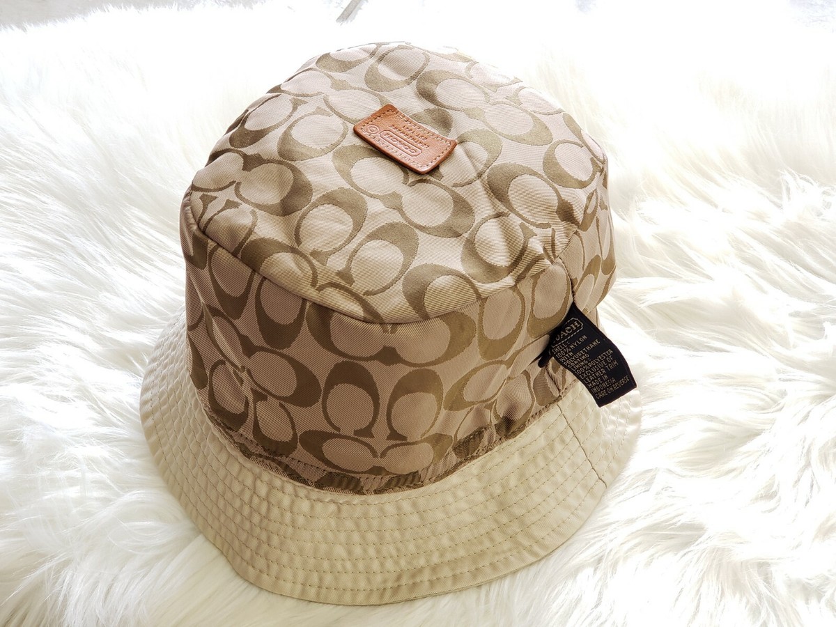 Coach Brown & Tan Signature Bucket Hat with Gold Trim and Gold Buckle Band Coach Signature Canvas Bucket Hat in Tan & Brown | eBay main image 2