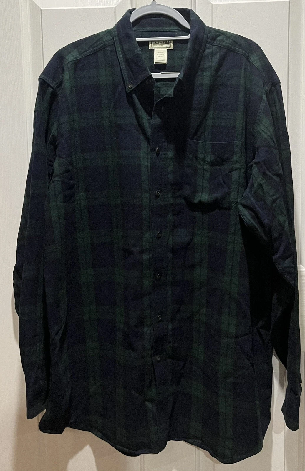 LL BEAN Flannel Shirt Mens XL Green Tartan Plaid Cotton Button Down