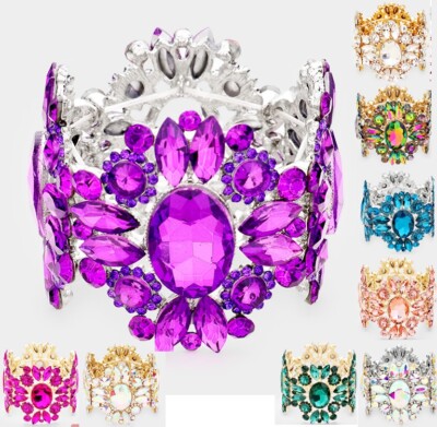 Sun Wide Crystal Cocktail Stretch Bangle Bracelet Wedding Party Prom Statement