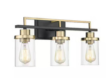 20.8 in. 3-Light Black and Gold Vanity Light with Clear Glass Shade