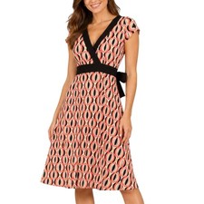Dressbarn Womens 8 Retro Mod Geometric Midi Dress Tie Waist Cap Sleeve Coral