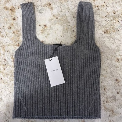 IRO Gray Ribbed Knit Cropped Tank Top Square Neck Wide Strap Sleeveless M