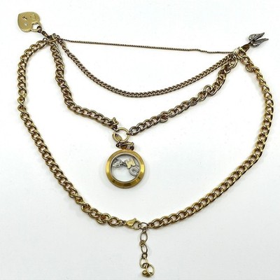 Vintage Origami Owl Gold Layered Charm Locket Necklace Heart Lock Wing Accents