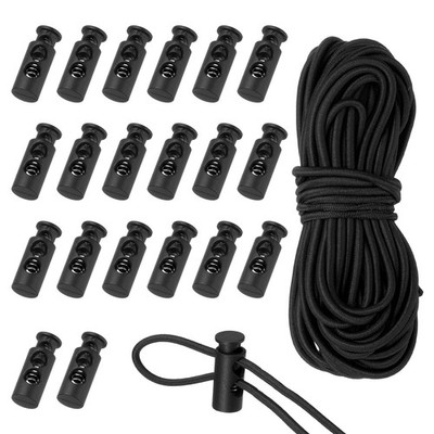 20 Pcs Plastic Cord Locks & 16 ft Elastic Cord, Double-Hole Toggles, Black