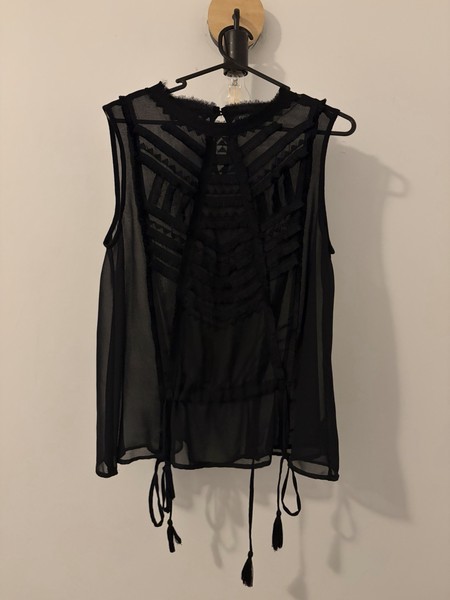 Next Women’s Petite Black Sheer Chiffon Round Neck Sleeveless Blouse 14 Tassells