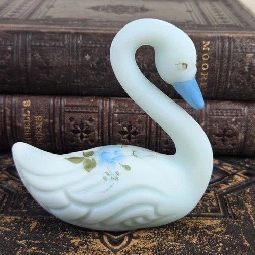 VTG Fenton Blue Milk Satin Glass Swan Hand Painted Signed Roses Custard Cottage