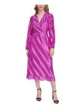 KENSIE DRESSES Womens Pink Crisscross V-back Lined Long Sleeve Midi Dress 6