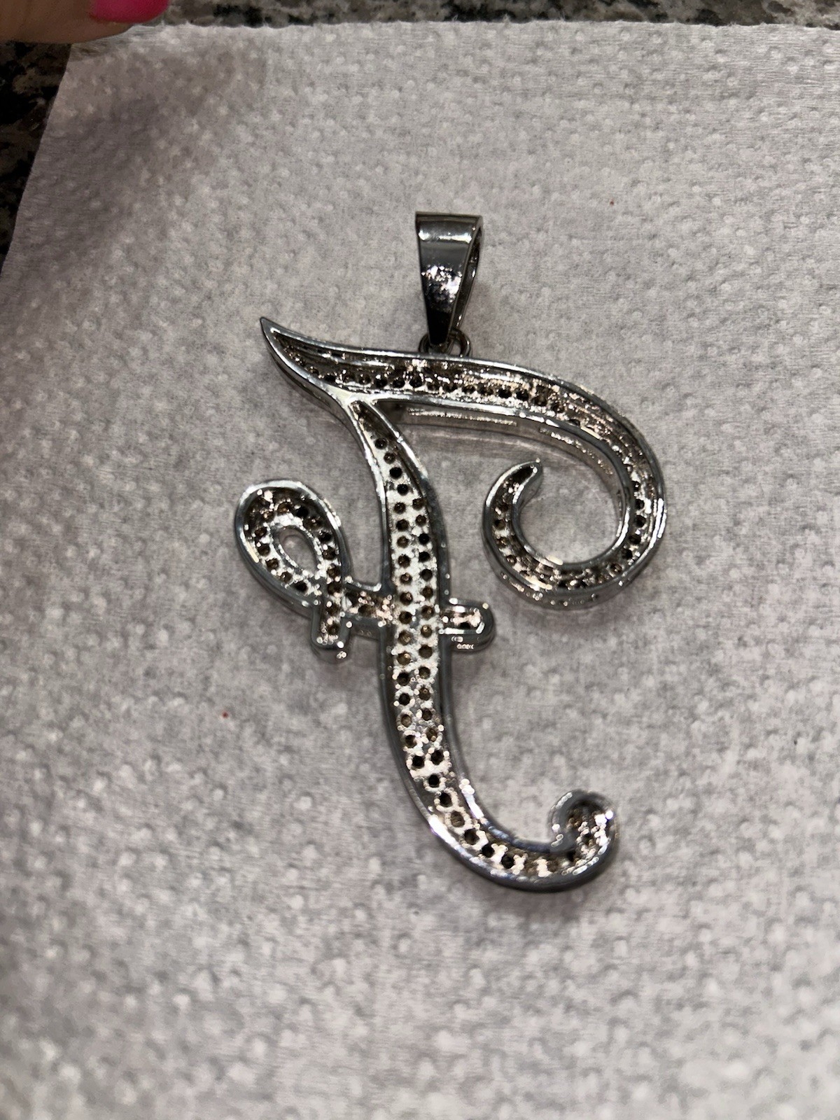 Silver Tone Script Large Initials with Black Rhin… - image 10