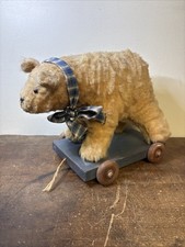 Antique Original Steiff Mohair Bear on Wooden Wheels Pull Toy 11 Long Primitive