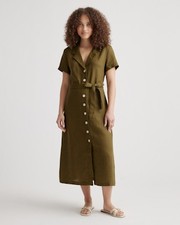 Quince 100% European Linen Button Front Dress Martini Olive Basic Sleeved M