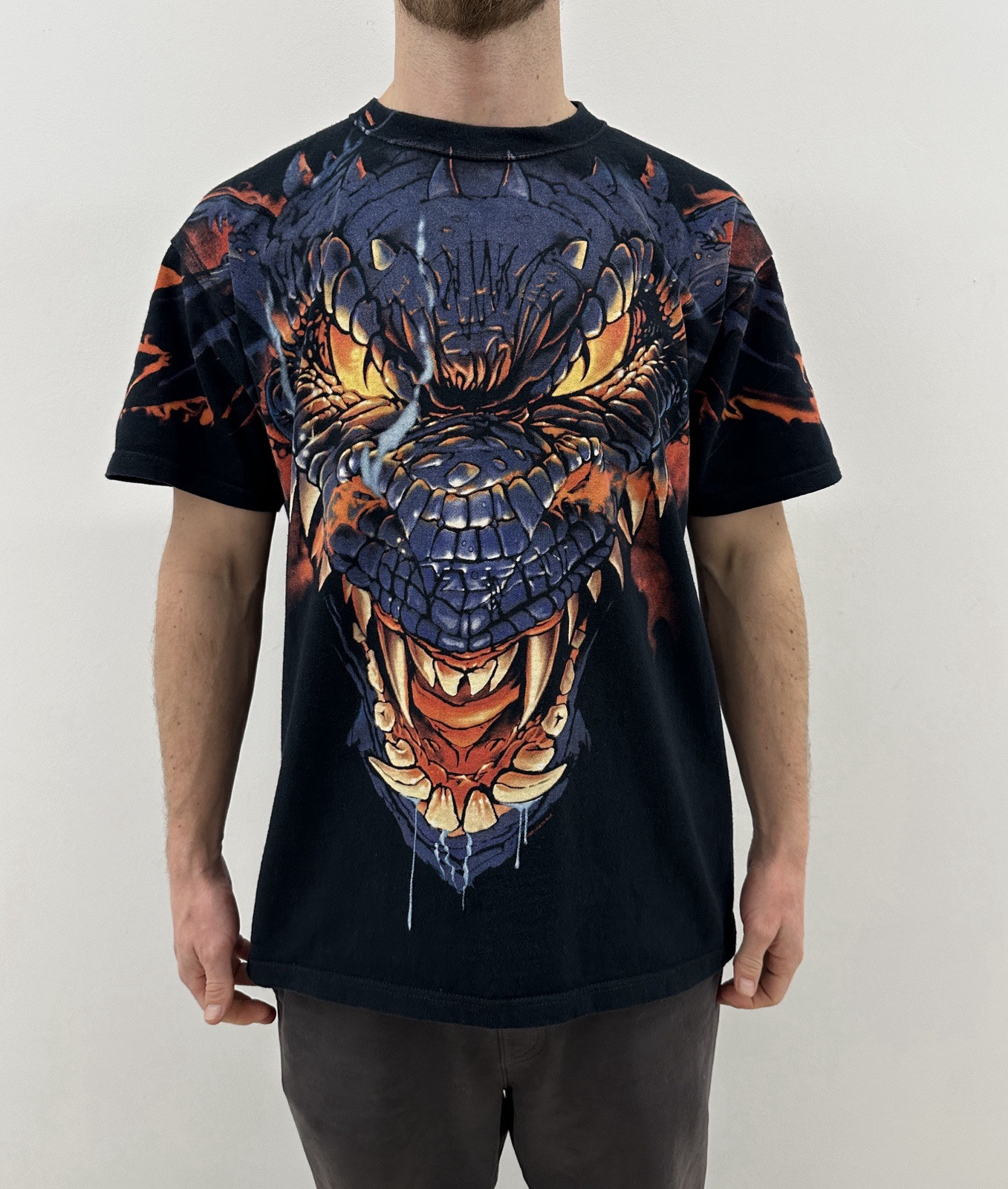 Vintage 2000s Blue Dragon Face Two-Sided Body Print T-Shirt Liquid
