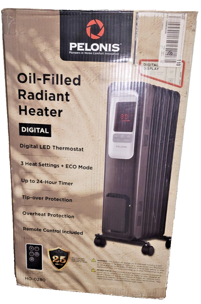 PELONIS Oil Filled Radiant Heater, Digital Display, Remote Control, 3 Settings