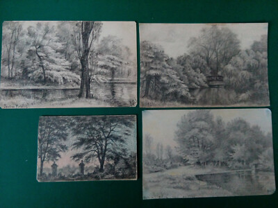Trees Lot Of 4 Antique Drawings, Monogrammed