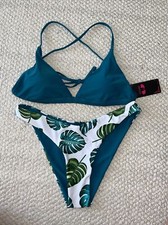 Shekini New Two Piece Swimsuit Bikini 2 Pc Set Reversible Green Floral Leave M