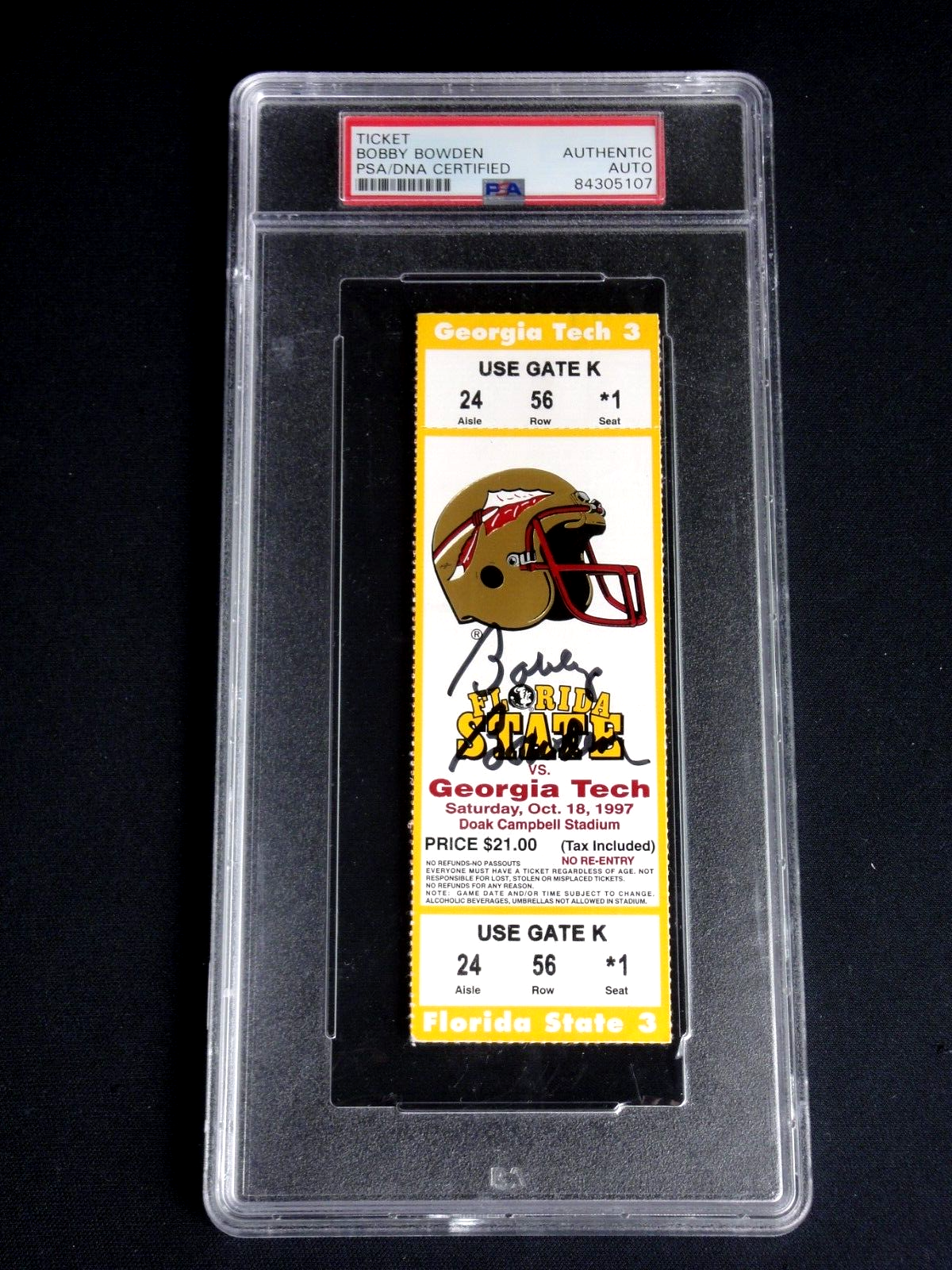 BOBBY BOWDEN Autographed Signed FLORIDA STATE COACH 1997 FOOTBALL TICKET PSA/DNA . 