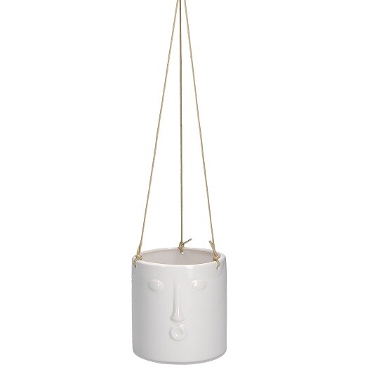 Wandbehang Blumentopf Weiß Keramik Mit Gesicht Imprint Und Seil-image
