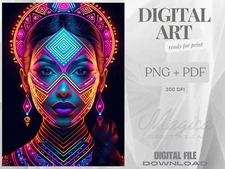 Woman, Vibrant Neon Lights, Glowing Lines, Digital AI Art, Wall, Poster, Print