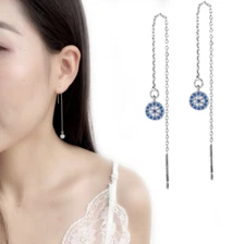 925 Sterling Silver Plated Evil Eye CZ Threader Dangle Drop Chain Earrings XJ35