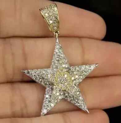 Real Moissanite 3Ct Round Cut Double Star Pendant 14K Yellow Gold Plated Silver
