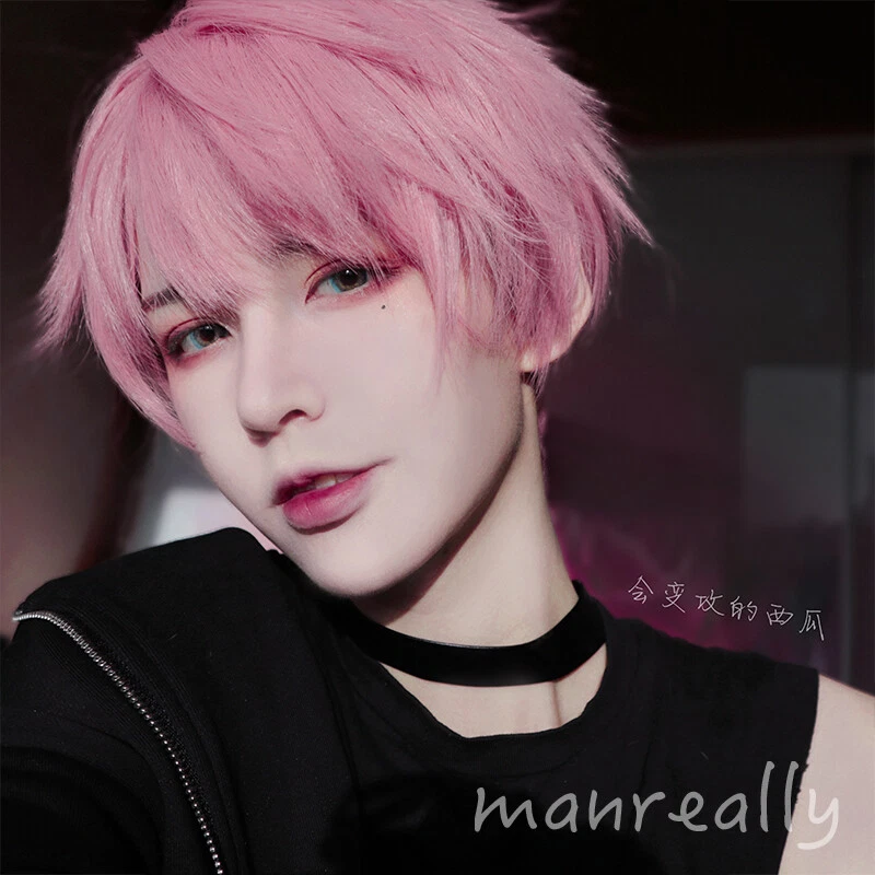 Japanese Men s Wig Cosplay Harajuku Pink Short Hair Handsome Daily