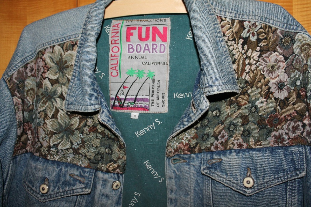 Kenny Jacke Jeansjacke Retro M blau mit Stoffeinsatz Blüten